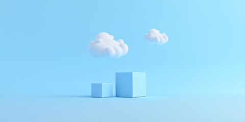 Leinwandbilder - White fluffy clouds floating over blue cubes on pastel blue background
