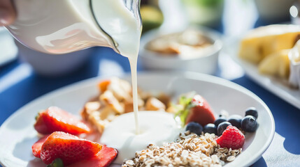 Poster - Pouring milk or yogurt over a breakfast plate of yogurt, granola and berries