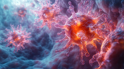 Poster - Close-up of a translucent human skull with red viruses invading, representing infection or disease, against a blurred background. Highly detailed, medical, and sci-fi themed