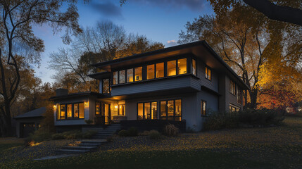Poster - Modern house exterior with lights glowing at twilight in autumn