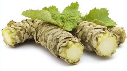 A close-up of rare fresh wasabi root with its rough, bumpy texture, isolated on a white background