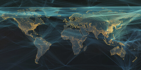 Poster - Abstract world map depicting global network and data exchange