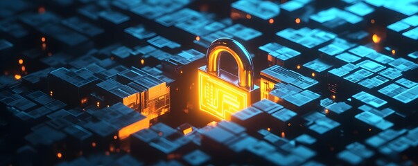 Poster - A captivating digital representation of security and technology, showcasing a glowing lock amidst a network of circuits.