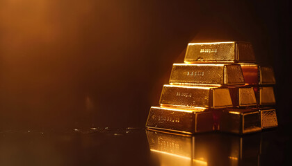 Stack of gold bars with the word gold on them. The bars are piled on top of each other, creating a pyramid shape. Concept of wealth and luxury, as gold is often associated with high value