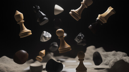 Chess Pieces in Motion Abstract Artistic Floating Conceptual Game Elements