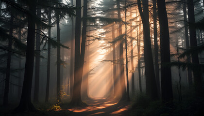 Serene forest path enveloped by towering trees, veiled in ethereal mist, and illuminated by warm, filtered sunlight, evoking a sense of tranquility and mystery.