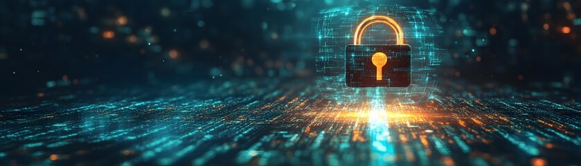 Poster - A digital lock symbolizing cybersecurity and data protection in a connected world, highlighting technology and security.
