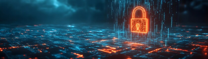 Poster - A digital lock symbolizing cybersecurity, surrounded by data streams. Represents data protection and modern technology advances.