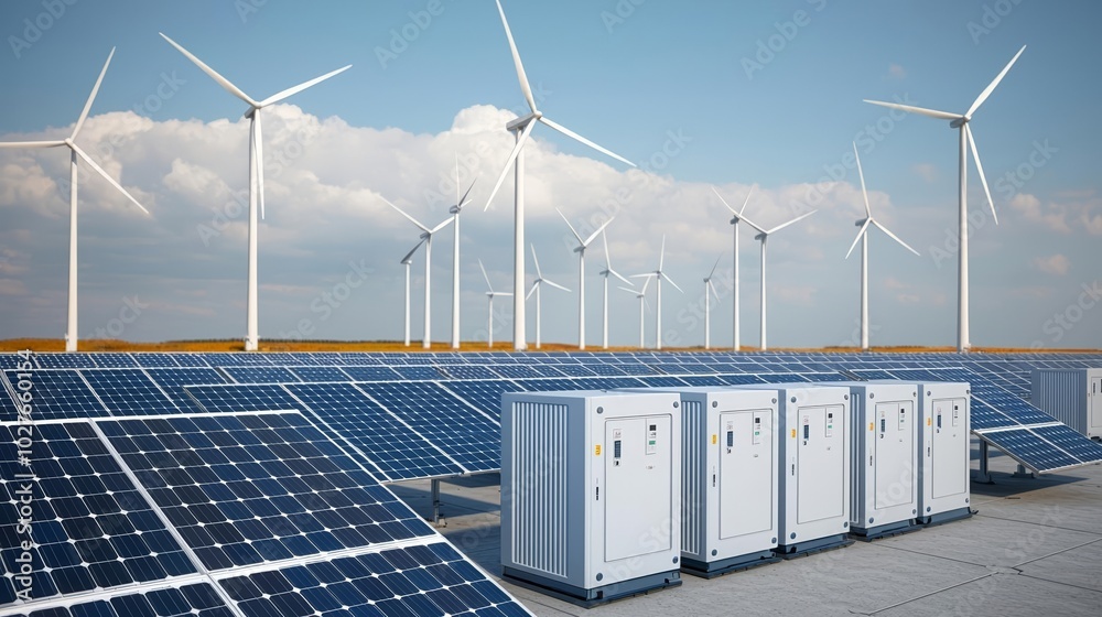 Battery storage systems with solar panels and wind turbines, renewable ...