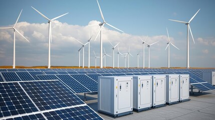battery storage systems with solar panels and wind turbines, renewable energy landscape, li-ion batt