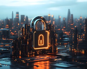 Poster - A futuristic cityscape with a glowing padlock symbolizing digital security and protection in a high-tech environment.
