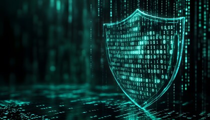 Poster - A glowing shield symbol representing cybersecurity and digital protection in a futuristic binary environment.