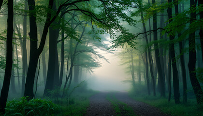 Misty Forest Path in the Morning with a Serene and Calm Atmosphere