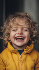 A cheerful child bursts into laughter, radiating joy with curly hair and a bright yellow jacket