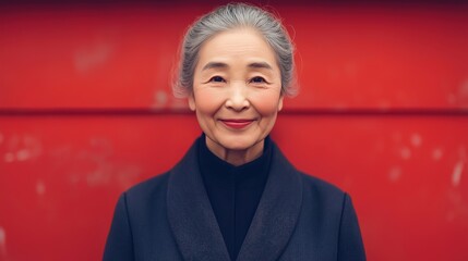 A happy Asian woman enjoys a moment of joy near a colorful backdrop in her everyday life