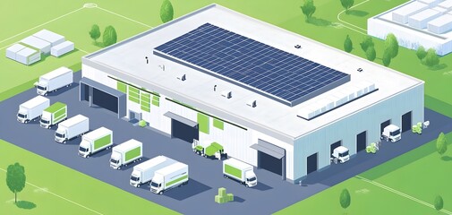 A modern logistics facility featuring solar panels and delivery vans, designed for sustainability and efficient operations.