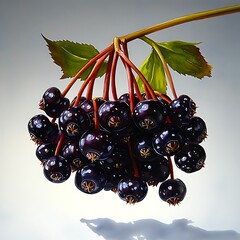 Fresh Black Currant Berries on a Branch with Green Leaves