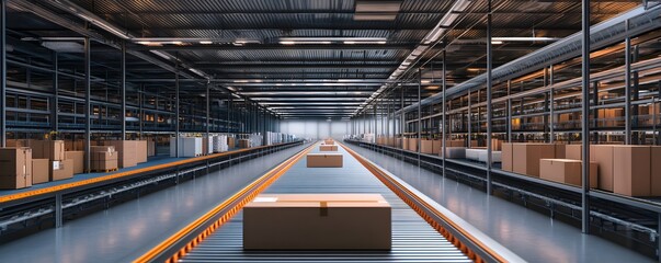 Poster - A modern warehouse interior showcasing organized storage and efficient logistics operations with packages on a conveyor.