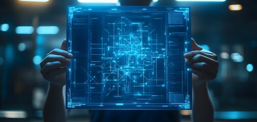 Poster - A person holding a glowing digital blueprint, showcasing futuristic technology and data visualization in a dark environment.