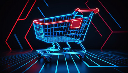 Poster - Artificial Intelligence in Retail Concept with High-Tech Background and Prominent Shopping Cart Symbol, Representing the Integration of AI in Shopping Experiences