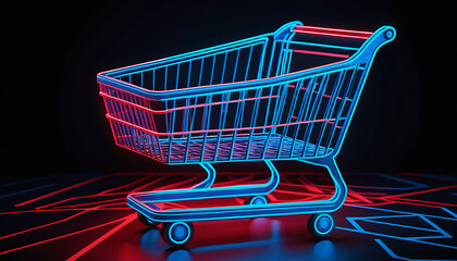 Poster - Artificial Intelligence in Retail Concept with High-Tech Background and Prominent Shopping Cart Symbol, Representing the Integration of AI in Shopping Experiences
