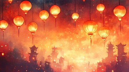 Traditional lantern festival for New Year s Eve, glowing lanterns floating into the night sky, Watercolor, Warm Reds and Oranges, Dreamy Lighting