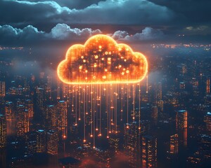 Poster - A vibrant cloud glowing over a city skyline, symbolizing digital storage and connectivity in modern technology.