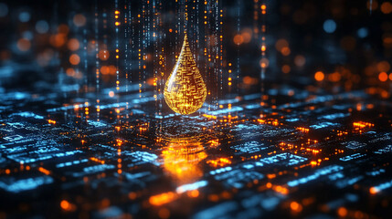 Poster - digital water drop icon features cascading binary code, symbolizing the fusion of technology and nature, representing data flow and innovation in the digital age