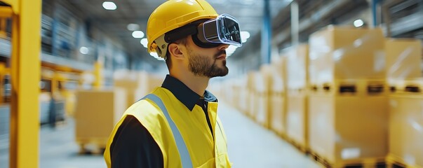 Poster - A worker wearing a helmet and VR goggles evaluates logistics in a warehouse environment, showcasing modern technology in industry.