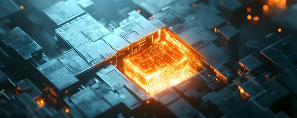 Poster - abstract representation of a glowing microchip surrounded by dark technology. a fusion of circuits a