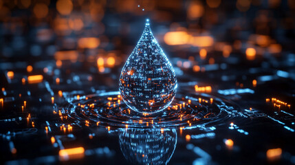 Poster - digital water drop icon features cascading binary code, symbolizing the fusion of technology and nature, representing data flow and innovation in the digital age
