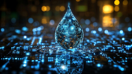 Poster - digital water drop icon features cascading binary code, symbolizing the fusion of technology and nature, representing data flow and innovation in the digital age