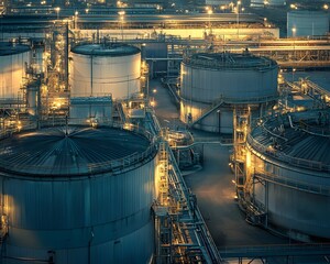 Poster - aerial view of industrial storage tanks illuminated at night, showcasing modern oil and gas infrastr