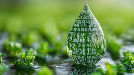 Poster - digital water drop icon features cascading binary code, symbolizing the fusion of technology and nature, representing data flow and innovation in the digital age