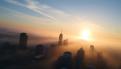 Aerial view of a city skyline during sunrise, with buildings piercing through morning fog and the sun illuminating the scene.