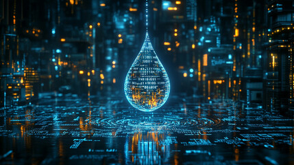 Poster - digital water drop icon features cascading binary code, symbolizing the fusion of technology and nature, representing data flow and innovation in the digital age