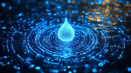 Poster - digital water drop icon features cascading binary code, symbolizing the fusion of technology and nature, representing data flow and innovation in the digital age