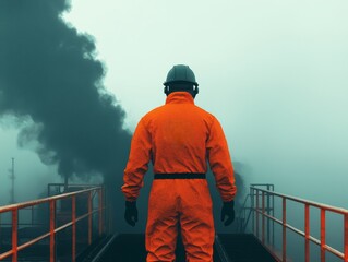 Worker in orange suit observing industrial smoke on a foggy day.