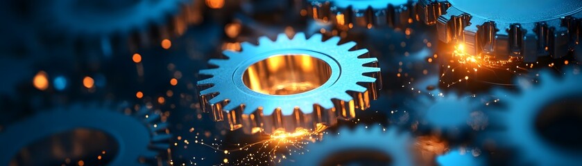 Poster - Close-up of shiny blue gears in motion, showcasing intricate details and lighting effects for technology and engineering themes.