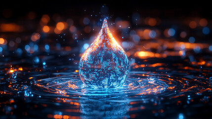 Poster - digital water drop icon features cascading binary code, symbolizing the fusion of technology and nature, representing data flow and innovation in the digital age