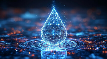 Poster - digital water drop icon features cascading binary code, symbolizing the fusion of technology and nature, representing data flow and innovation in the digital age