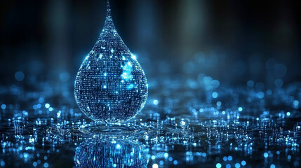 Poster - digital water drop icon features cascading binary code, symbolizing the fusion of technology and nature, representing data flow and innovation in the digital age