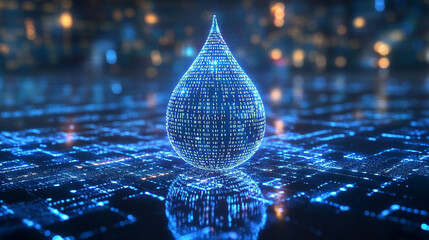 Poster - digital water drop icon features cascading binary code, symbolizing the fusion of technology and nature, representing data flow and innovation in the digital age