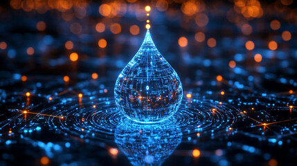 Poster - digital water drop icon features cascading binary code, symbolizing the fusion of technology and nature, representing data flow and innovation in the digital age