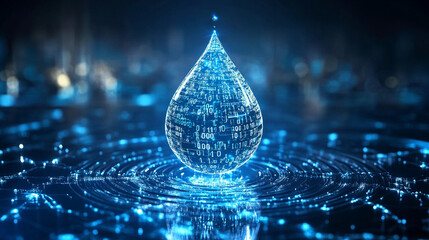 Poster - digital water drop icon features cascading binary code, symbolizing the fusion of technology and nature, representing data flow and innovation in the digital age