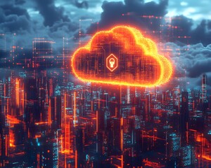 Poster - Futuristic cloud technology with digital security icon over a vibrant cityscape, representing data protection and modern innovation.