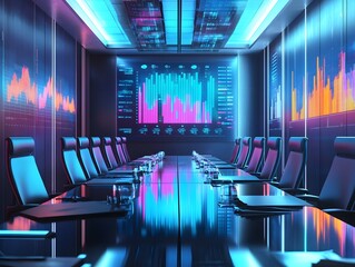 Fototapete - Futuristic conference room with digital graphs and vibrant lighting, ideal for business presentations and meetings.