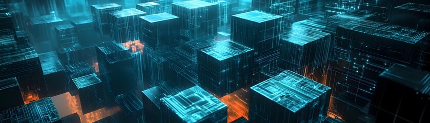 Poster - Futuristic digital landscape with glowing cubes, showcasing advanced technology and data visualization in a virtual environment.