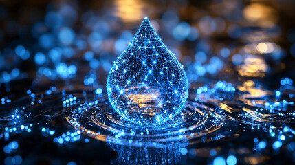 Poster - digital water drop icon features cascading binary code, symbolizing the fusion of technology and nature, representing data flow and innovation in the digital age