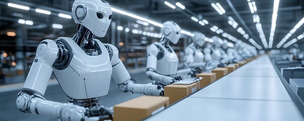 Poster - Futuristic robots working collaboratively on an assembly line in a high-tech factory, showcasing automation and innovation.